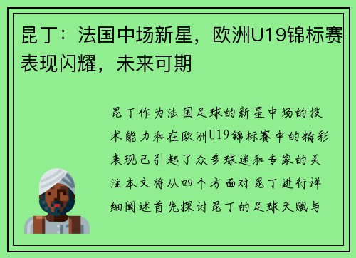 昆丁：法国中场新星，欧洲U19锦标赛表现闪耀，未来可期